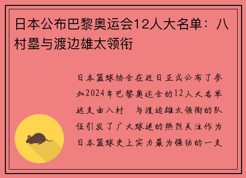 日本公布巴黎奥运会12人大名单：八村塁与渡边雄太领衔