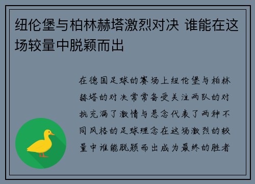 纽伦堡与柏林赫塔激烈对决 谁能在这场较量中脱颖而出