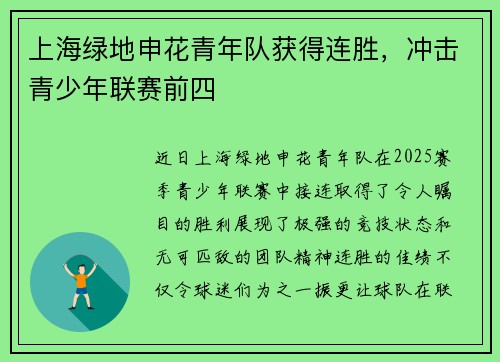 上海绿地申花青年队获得连胜，冲击青少年联赛前四