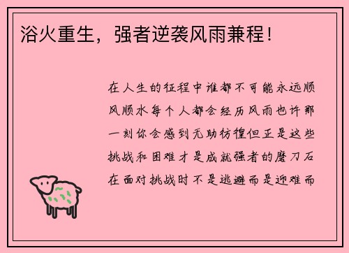 浴火重生，强者逆袭风雨兼程！