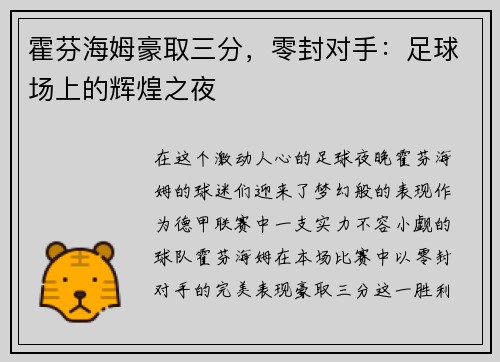 霍芬海姆豪取三分，零封对手：足球场上的辉煌之夜