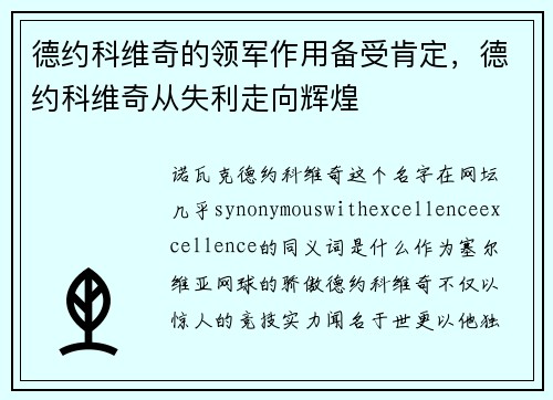 德约科维奇的领军作用备受肯定，德约科维奇从失利走向辉煌