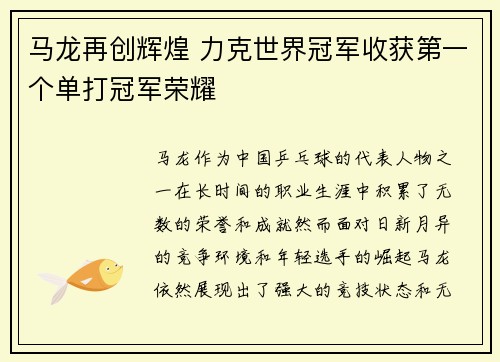 马龙再创辉煌 力克世界冠军收获第一个单打冠军荣耀