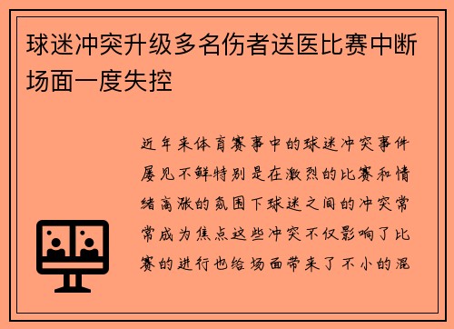 球迷冲突升级多名伤者送医比赛中断场面一度失控