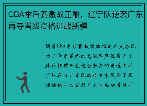 CBA季后赛激战正酣，辽宁队逆袭广东再夺晋级资格迎战新疆
