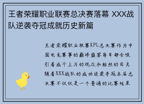 王者荣耀职业联赛总决赛落幕 XXX战队逆袭夺冠成就历史新篇